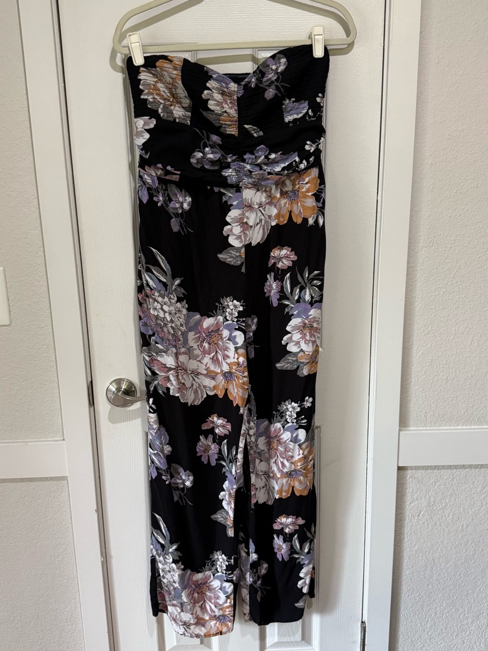 Maurices Black Strapless Floral Wide-Leg Jumpsuit